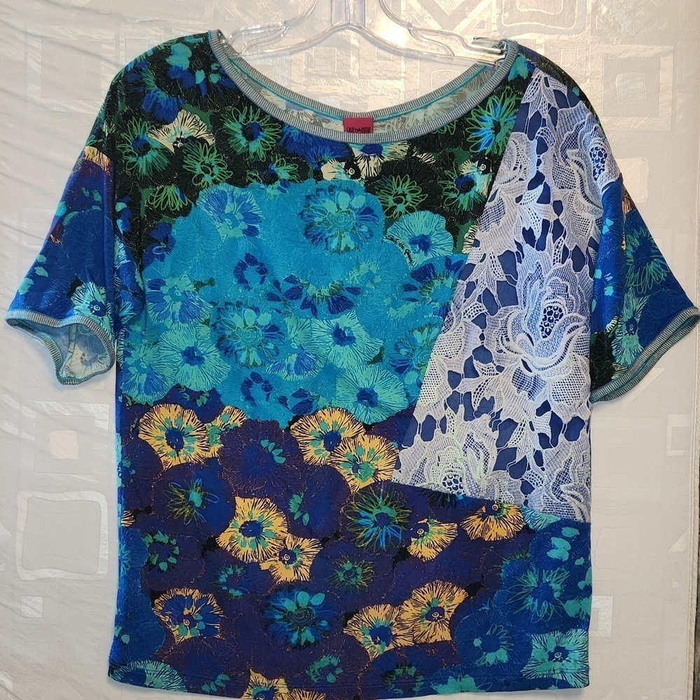 Save the Queen Colorful Floral Patchwork Print and lace Top sz S oversized